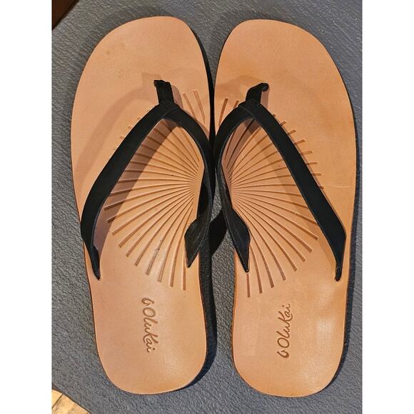 Olukai Iwi Leather Flip Flops Sandals, Black/Tan Womens Sz 9 - Picture 4 of 8